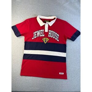 Jewel House Denim Co Mens XL Polo Shirt Red Navy‎ Colorblock Diamond Logo Rugby